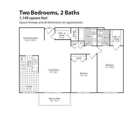Floor plan for 2 beds, 2 baths, 1149 sqft